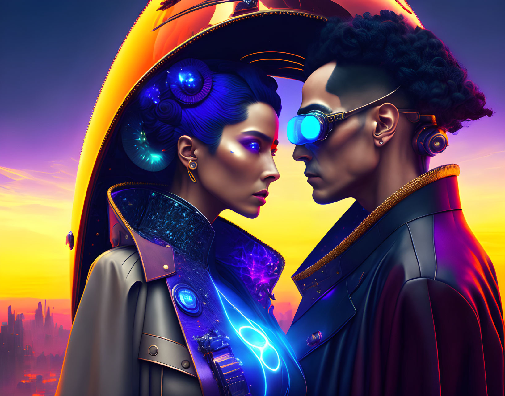 Futuristic individuals with advanced fashion and tech accessories in neon-lit cityscape