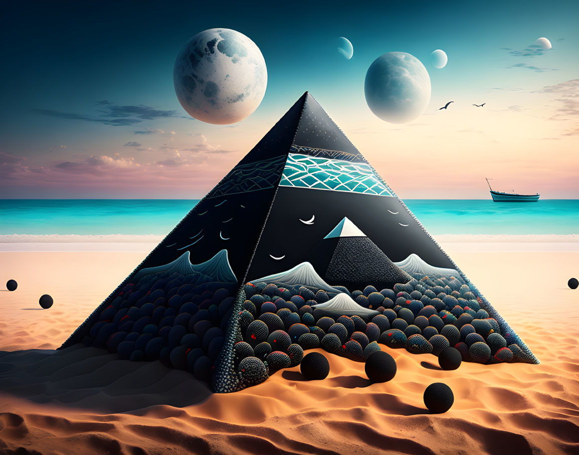 Surreal beach scene with pyramid, spheres, moons, and boat