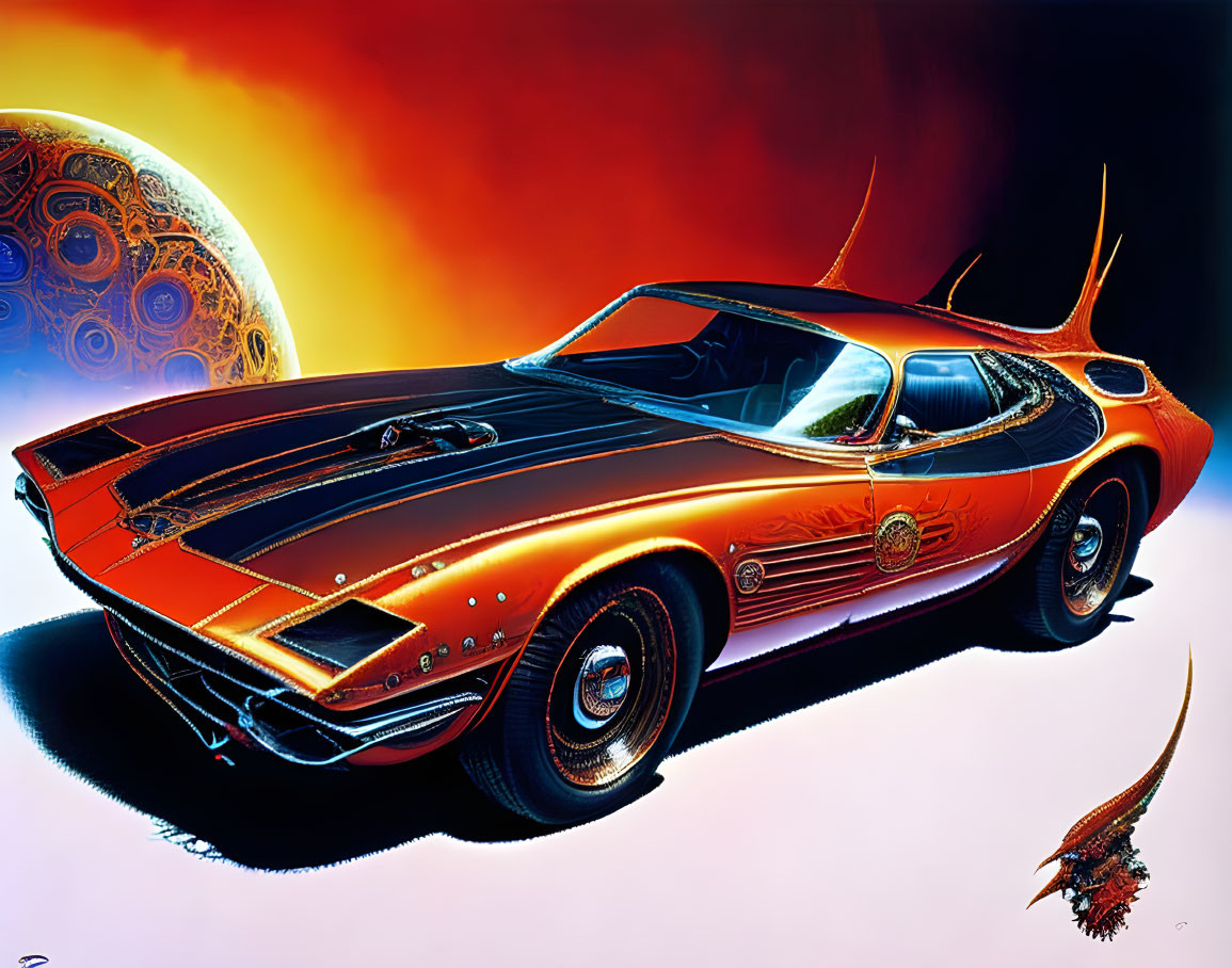 Classic Orange Sports Car with Futuristic Enhancements on Cosmic Background