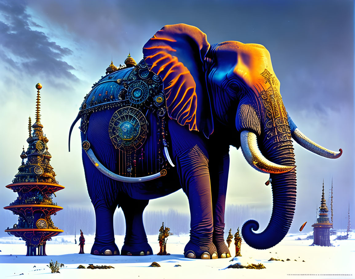 Colorful Ornate Elephant in Mystical Snowy Landscape