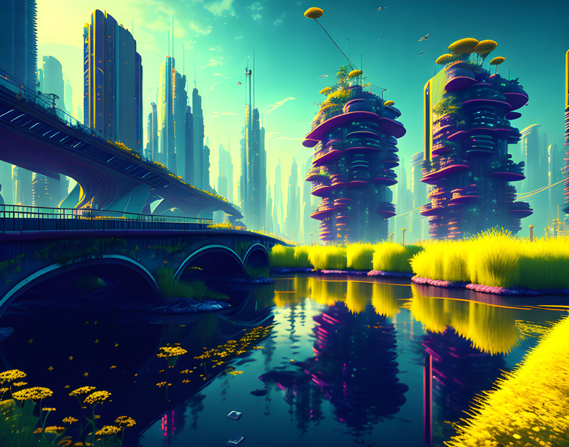 Futuristic cityscape with skyscrapers, greenery, bridge, water, and hazy