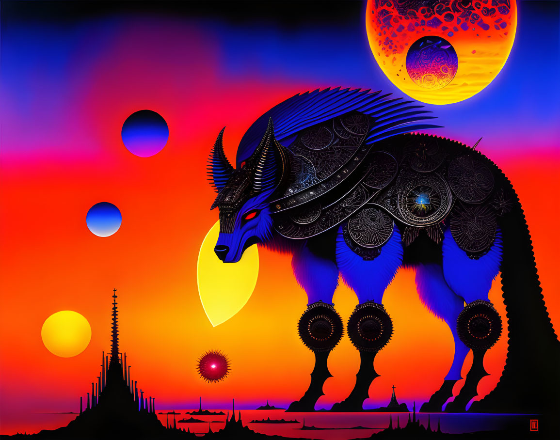 Colorful artwork: Mythical creature in mechanical style with celestial backdrop.