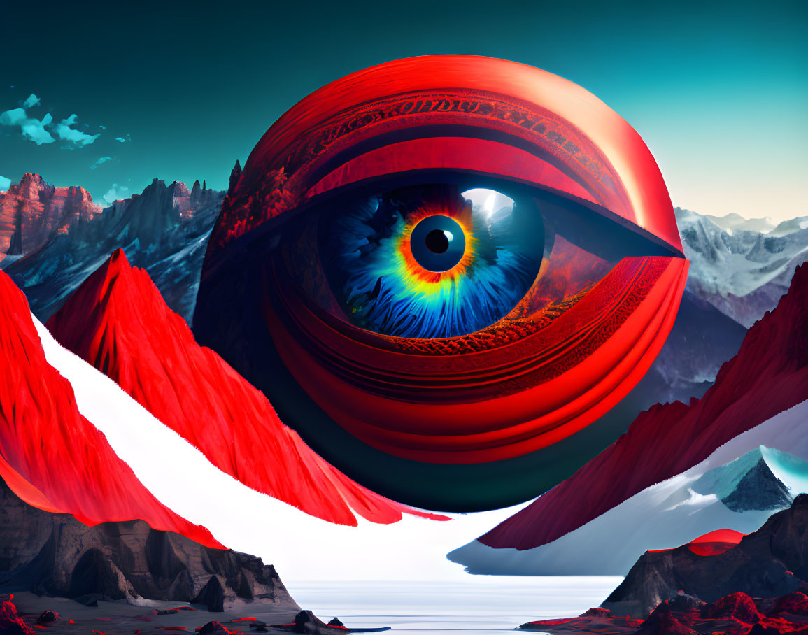 Giant eye in surreal landscape above striped mountains