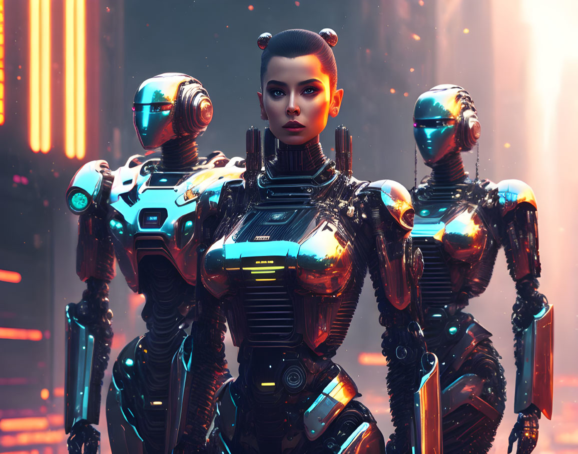 Futuristic metallic robots with humanoid female face on neon backdrop