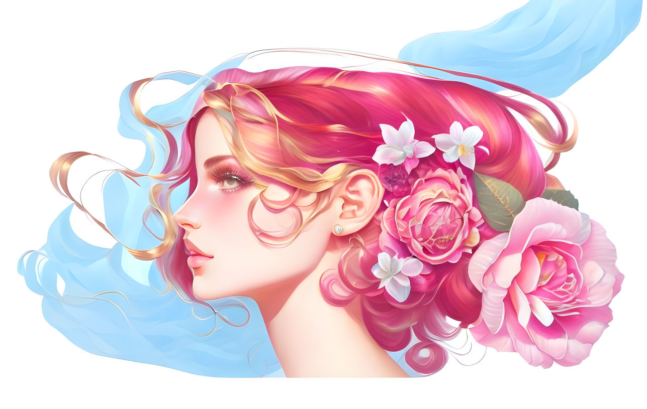 Digital illustration: Woman with pastel hair and floral adornments merging with abstract blue ribbons