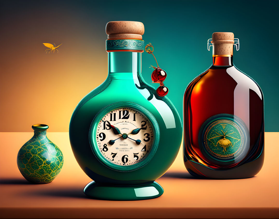 Whimsical clock face bottles on dual-tone background with ant and vase