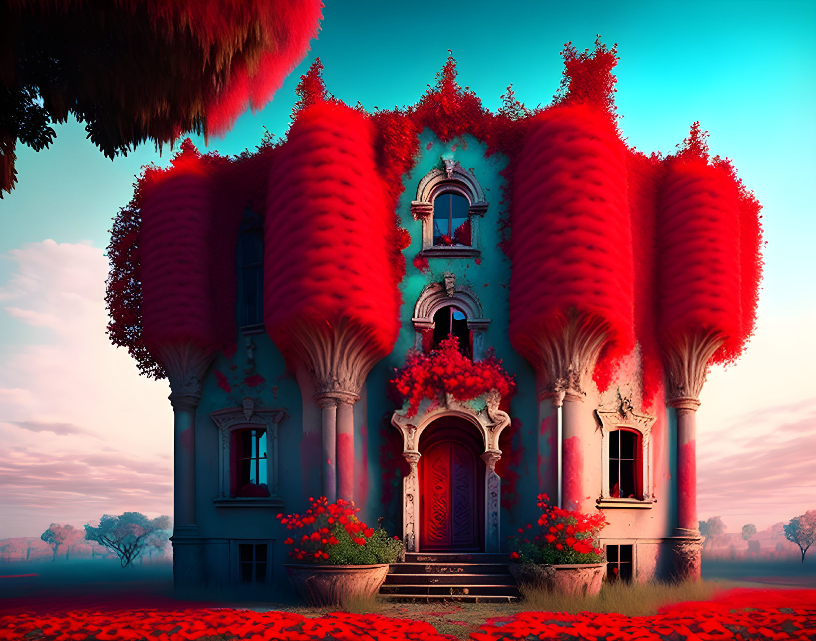 Fantastical house with red trees against pink sky