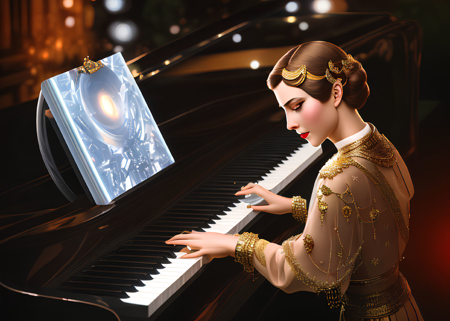 Elegant woman playing grand piano with mystical book in luxurious setting