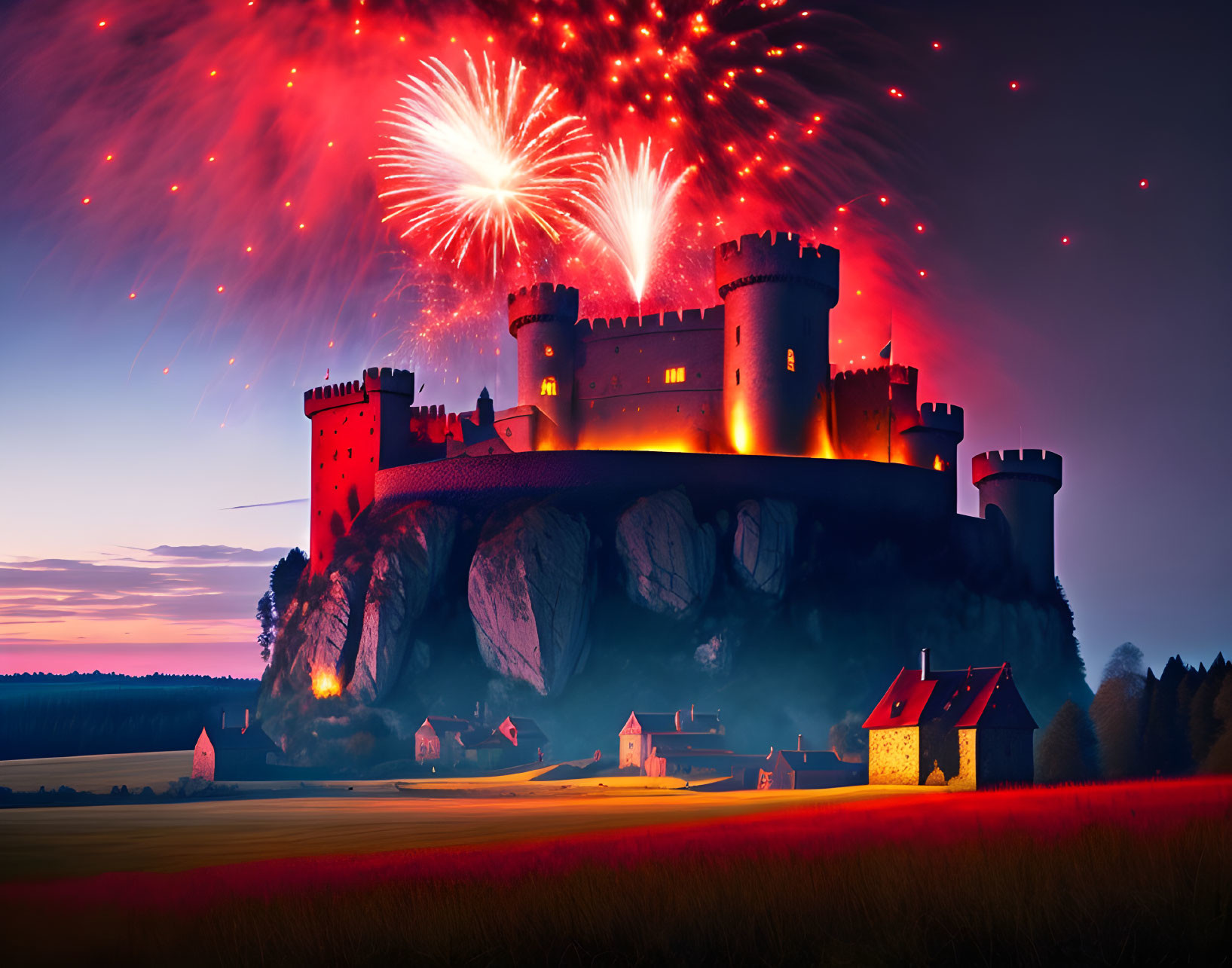 Majestic castle on rocky outcrop with fireworks in twilight sky