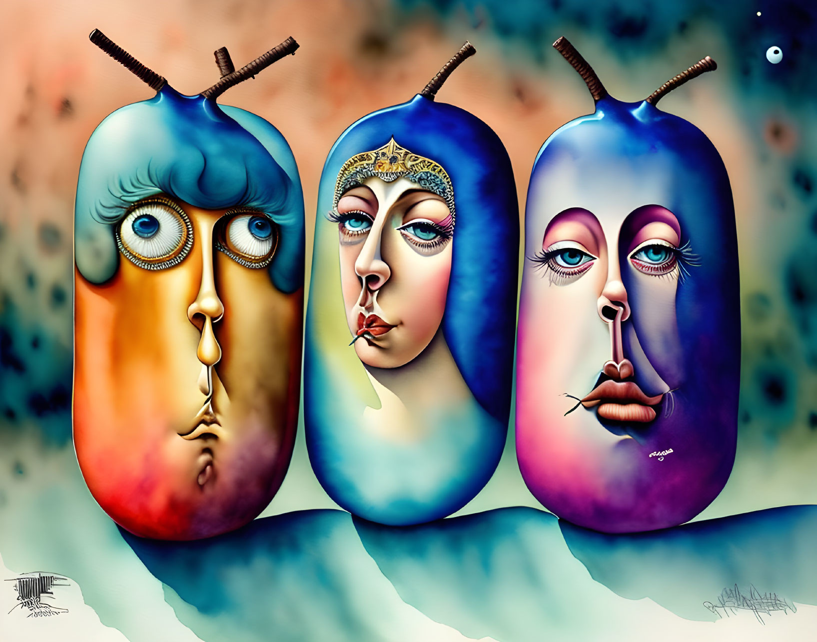 Abstract surreal art: Three faces on colorful fruit-like forms with antenna stems