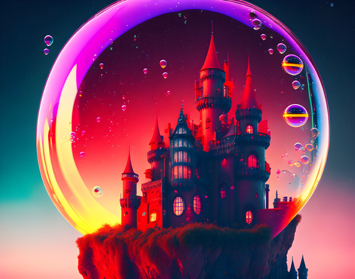 Fantastical castle on floating rock in vibrant twilight sky with star-filled bubble.