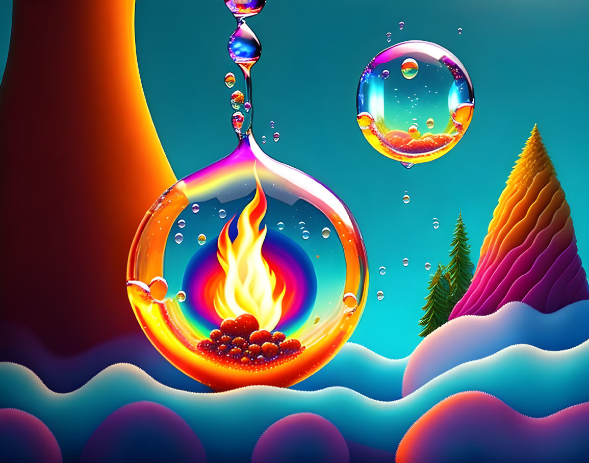 Colorful Water Droplets Illustration with Flame and Berries in Surreal Landscape