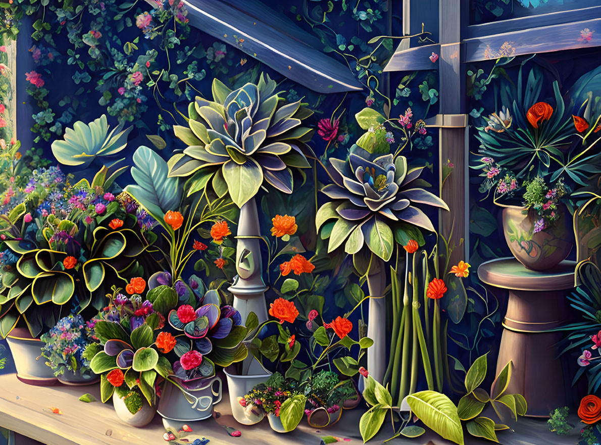 Colorful Succulents and Flowers on Wooden Shelf with Greenery Background