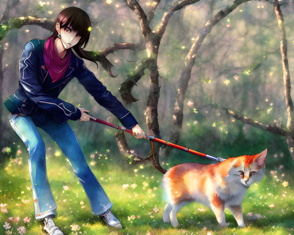 Young woman walks fox-like creature in cherry blossom forest