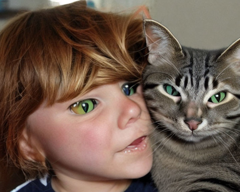 Child with Green Eyes Smiling Near Tabby Cat