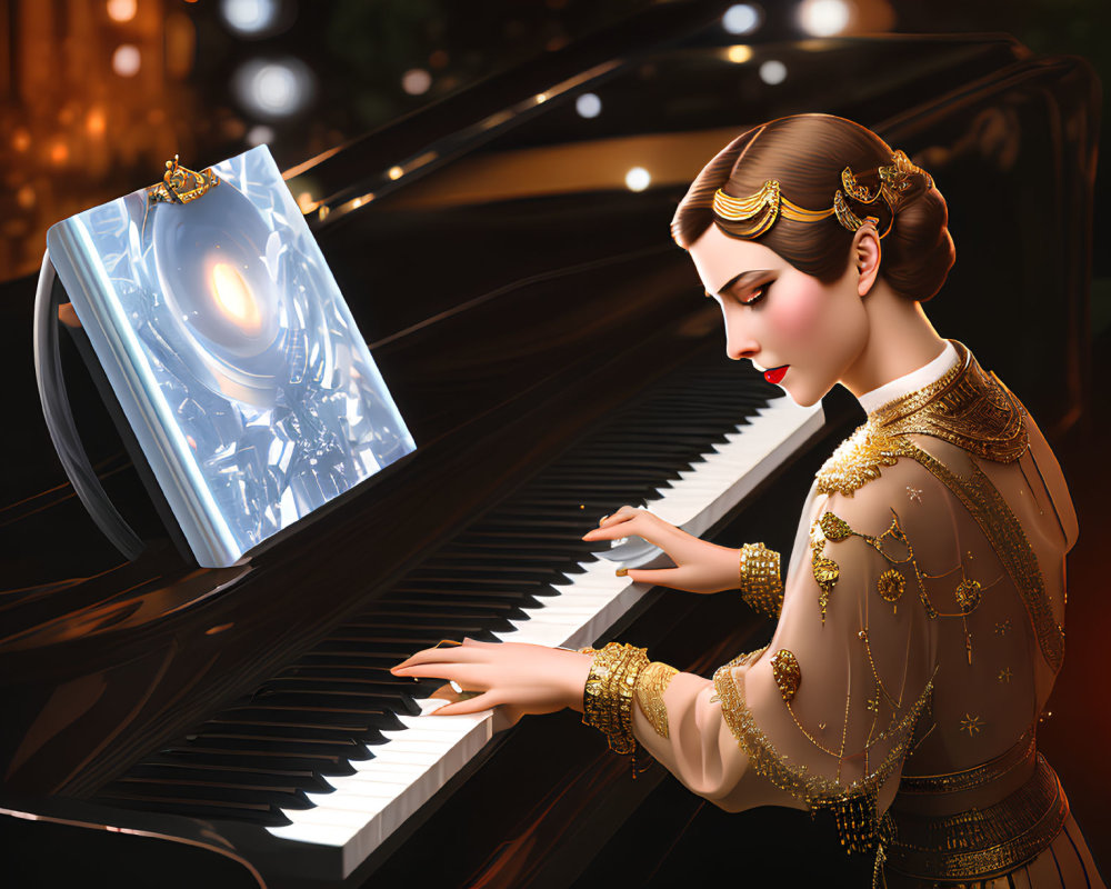 Elegant woman playing grand piano with mystical book in luxurious setting