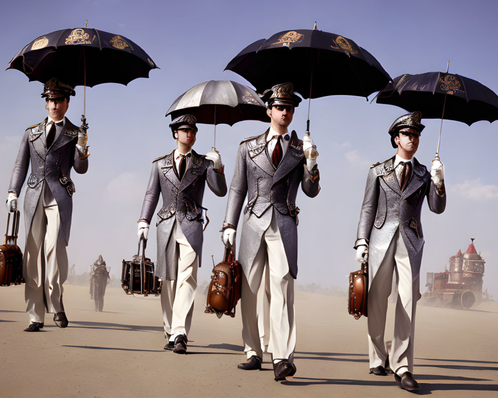 Steampunk-themed group walking in desert with umbrellas and briefcases.