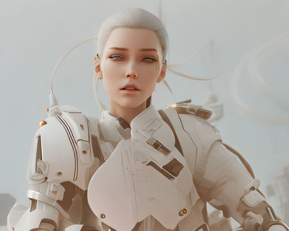 Female cyborg digital artwork: white armor, green eyes, platinum blonde hair.