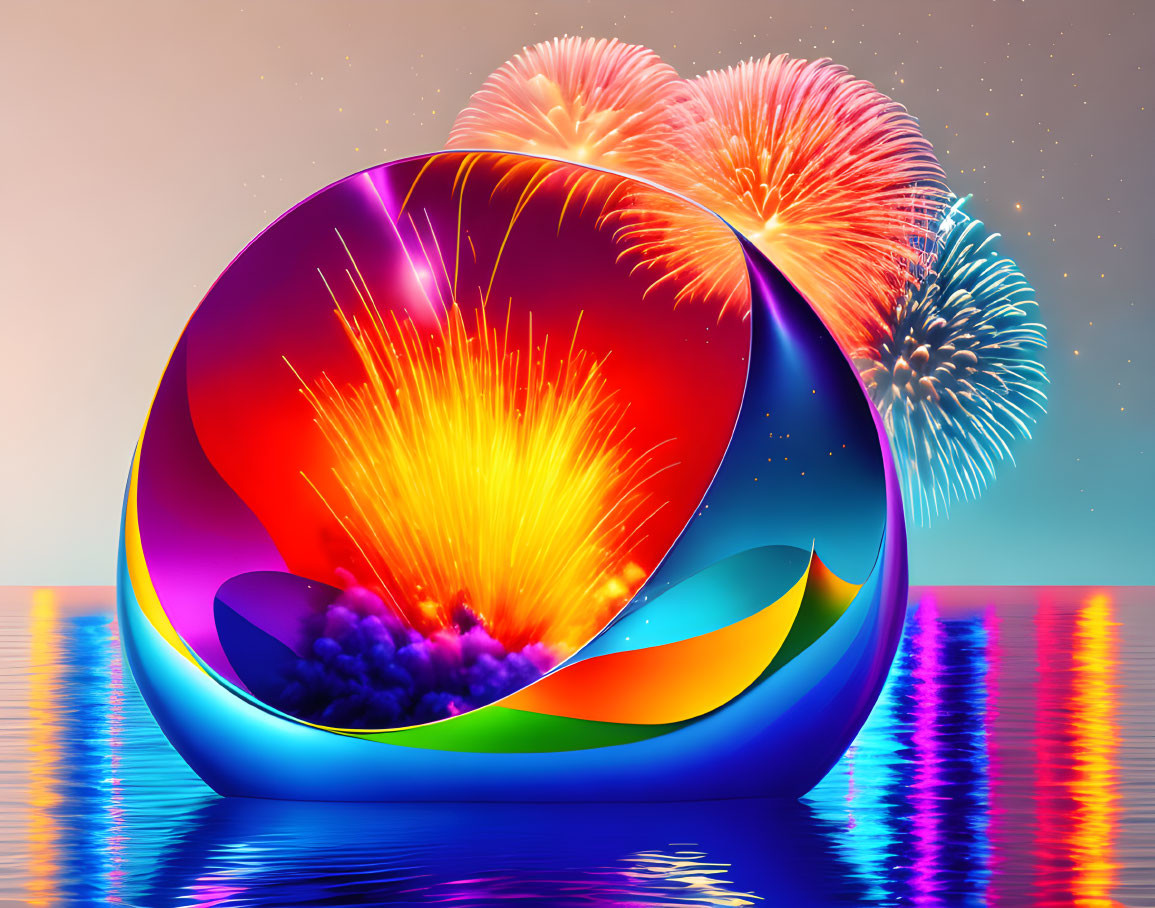 Colorful Möbius Strip on Fireworks and Water Surface