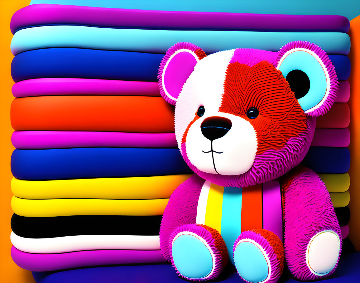 Vibrant 3D illustration: Striped teddy bear with colorful cushions