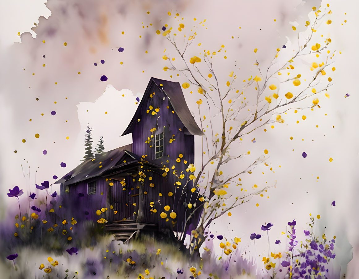 Purple Wooden Cottage Surrounded by Trees and Flowers