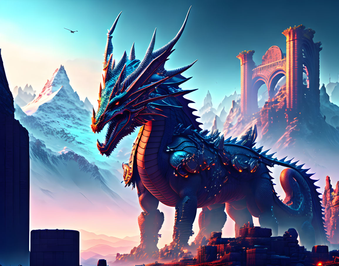 Blue dragon in front of ancient ruins with mountains and pink sky