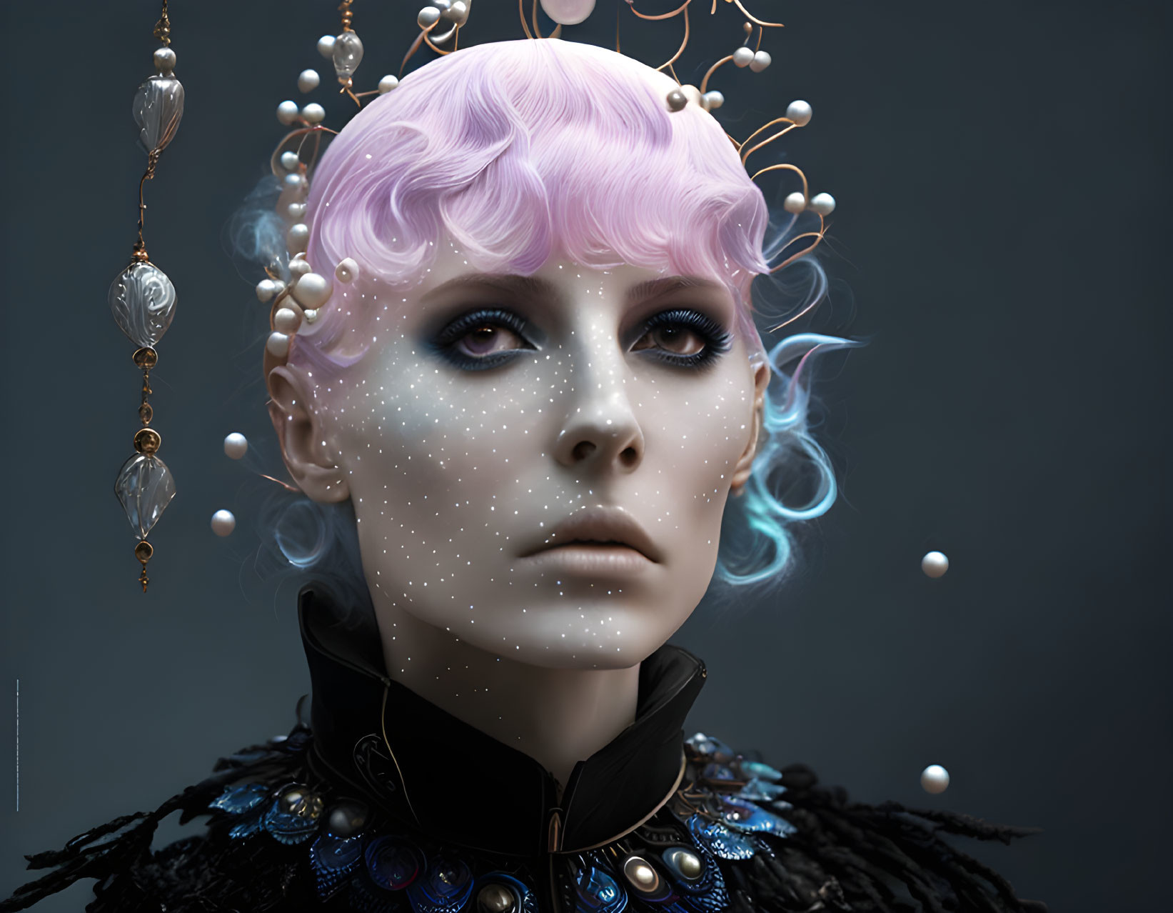 Pink-haired person with cosmic makeup and embellishments on dark background