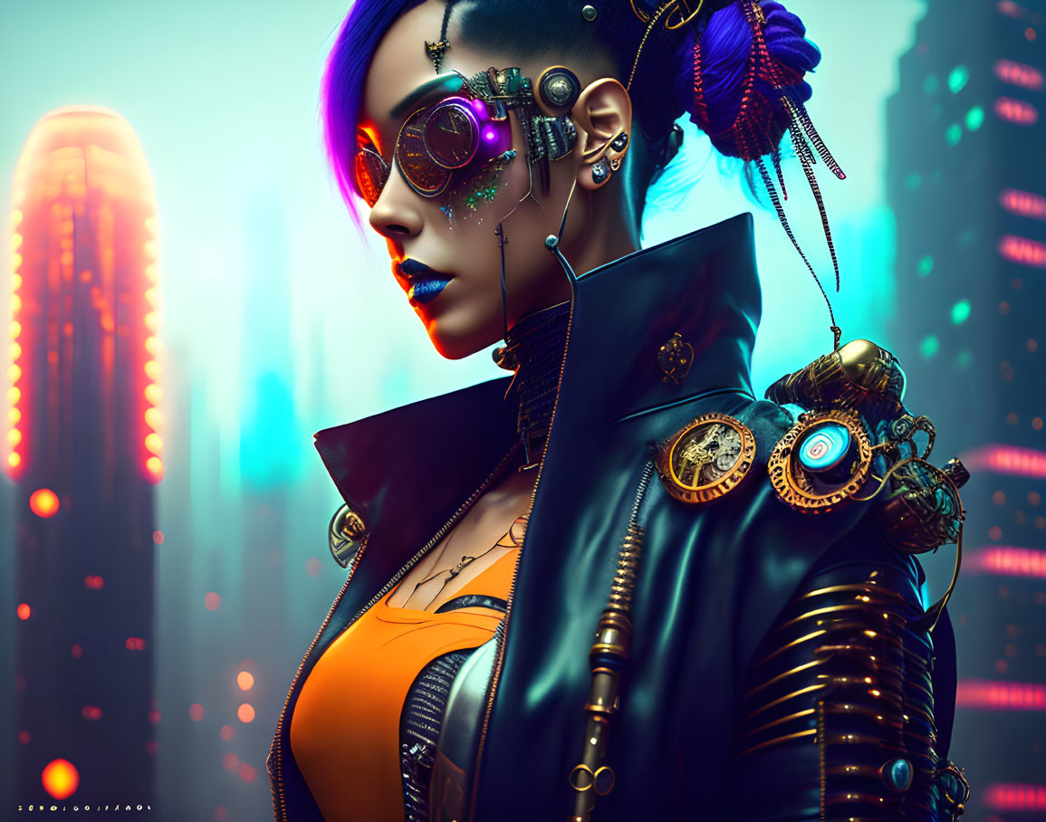 Cyberpunk-themed portrait of woman with cybernetic enhancements and neon cityscape