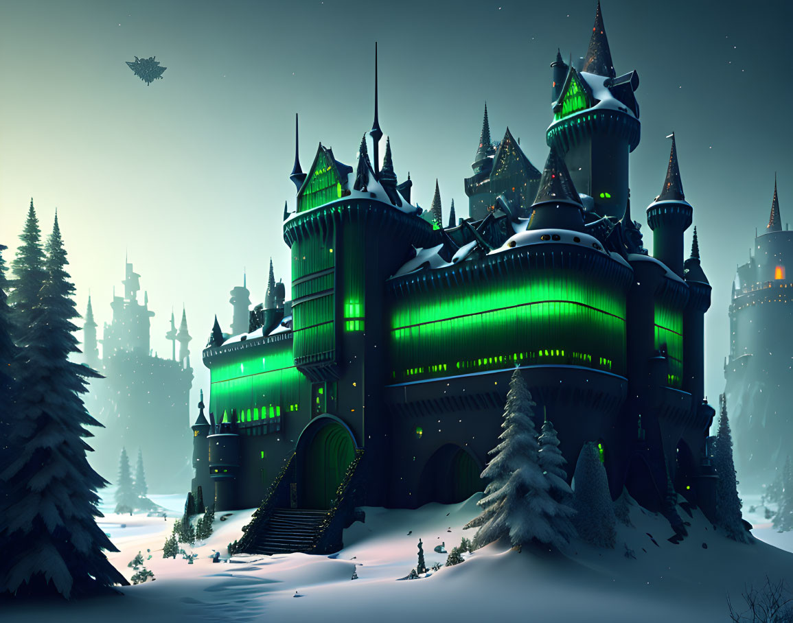 Fantasy castle in snowy night landscape with flying object