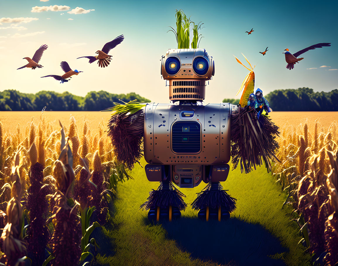 Whimsical robot with corn cob ears in cornfield with wheat arms