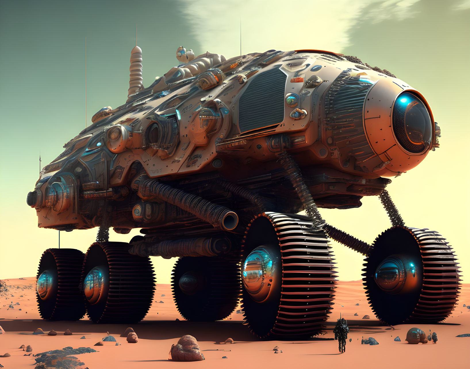 Futuristic rover with tank treads in barren desert landscape with antennae and blue observation window