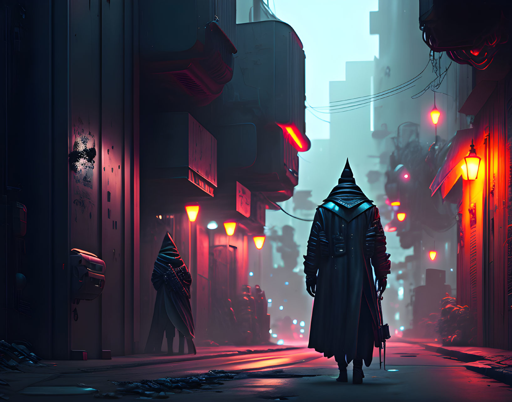 Cloaked figure in futuristic neon-lit alley with Asian-inspired signage