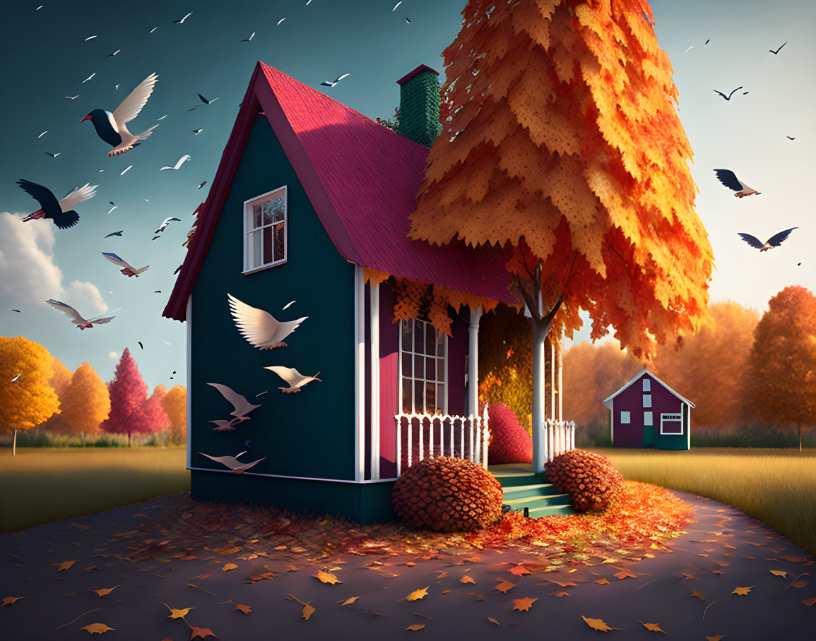 Blue house with red roof in fall foliage setting with birds - serene autumn scene