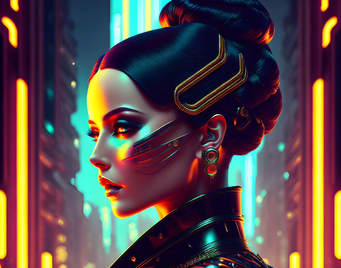 Futuristic digital portrait of a woman with cybernetic enhancements