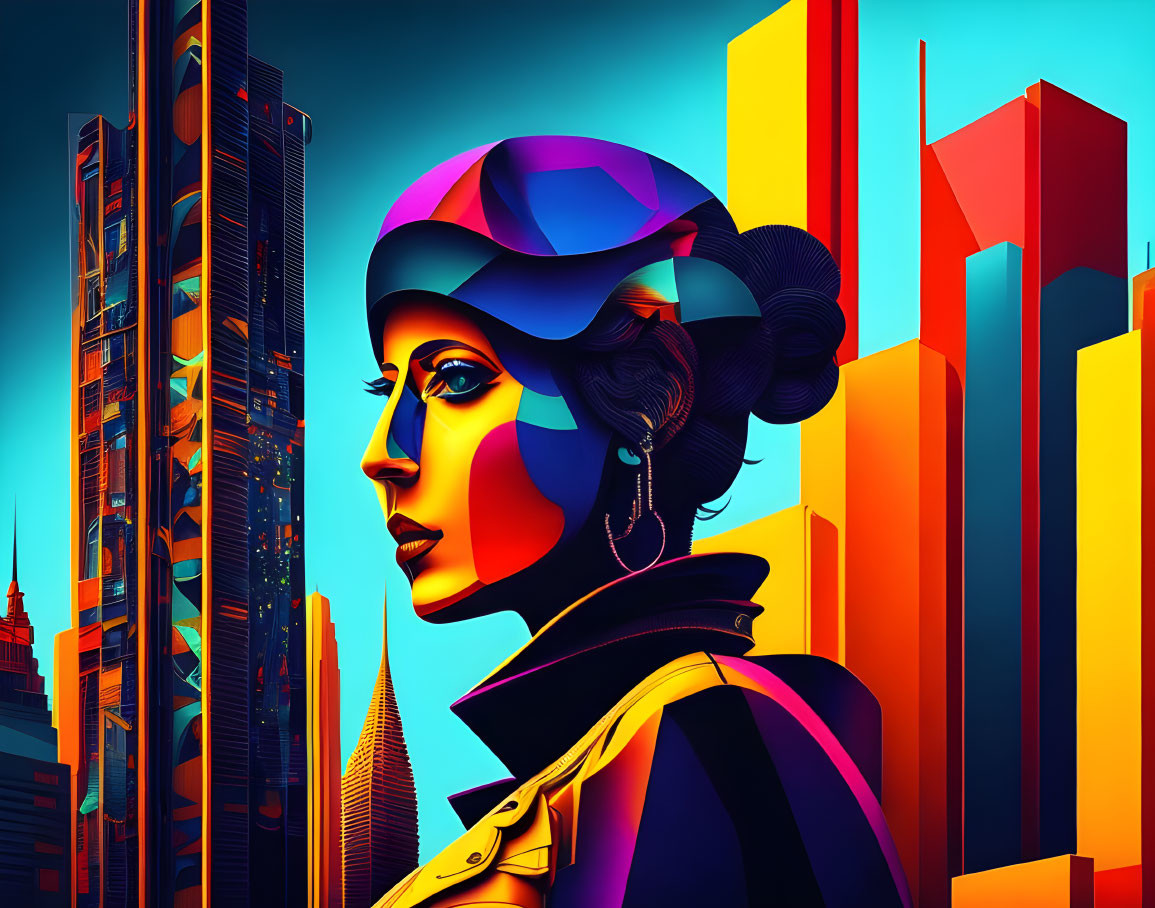 Colorful Geometric Woman Profile Art Against Futuristic Cityscape