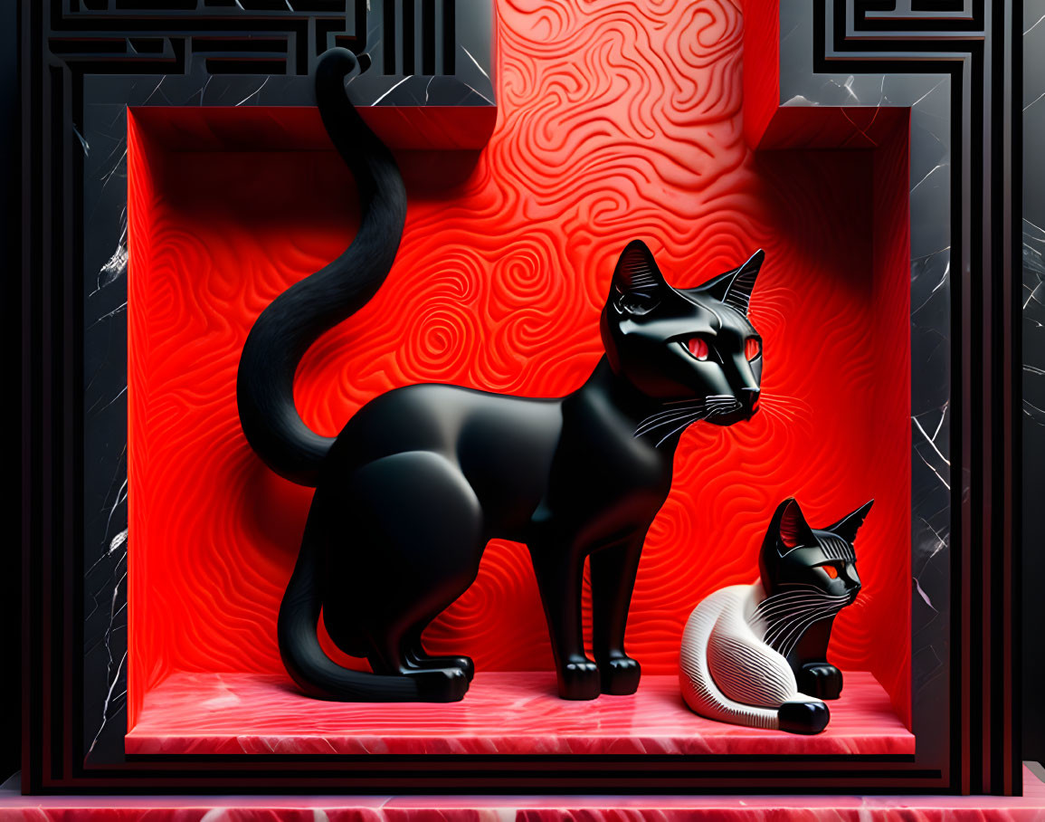 Stylized image of two sleek cats in red and black geometric setting