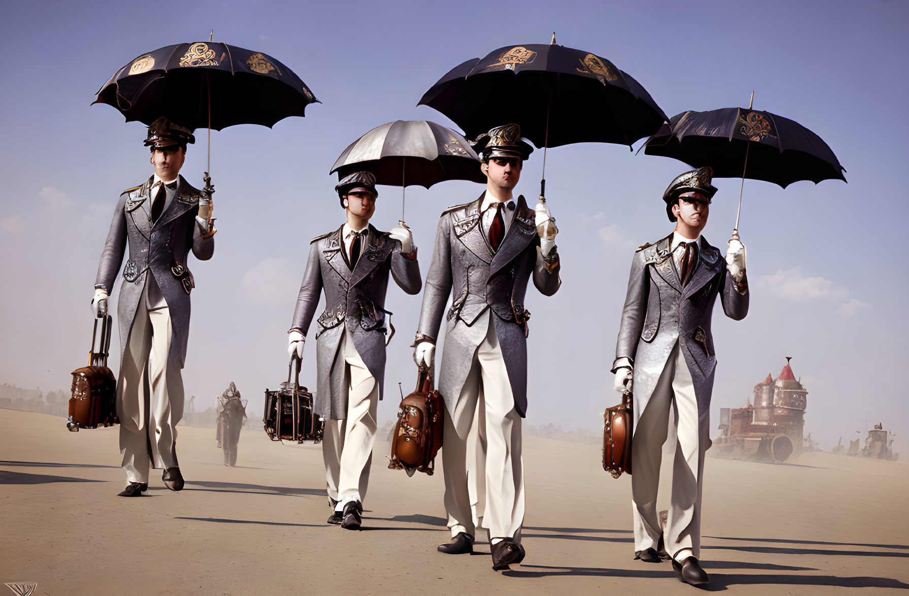 Steampunk-themed group walking in desert with umbrellas and briefcases.