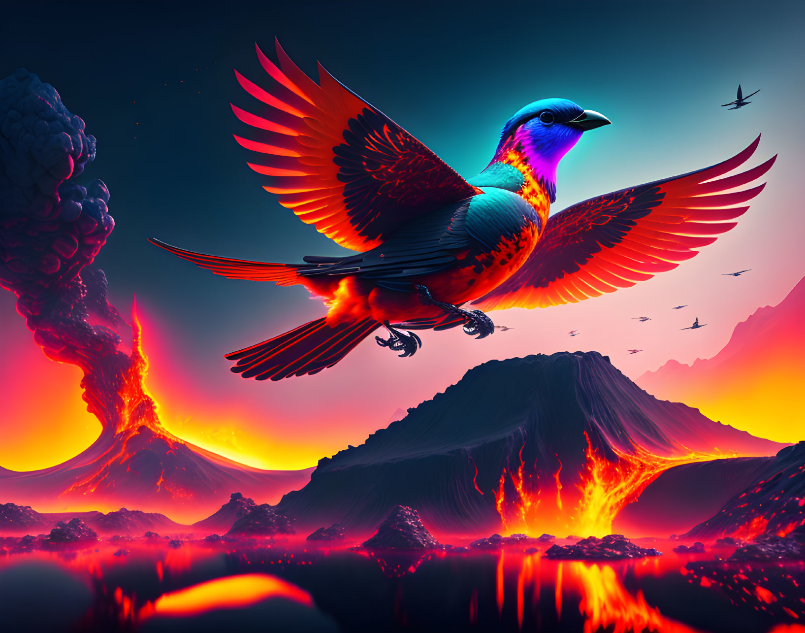 Colorful bird with fiery wings over volcanic landscape with erupting peaks and rivers of lava under red sky