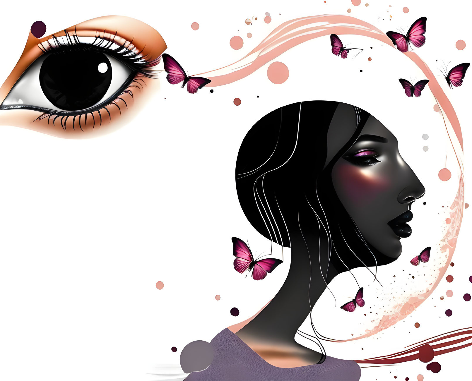 Detailed artistic illustration of woman's profile with stylized eye and butterflies