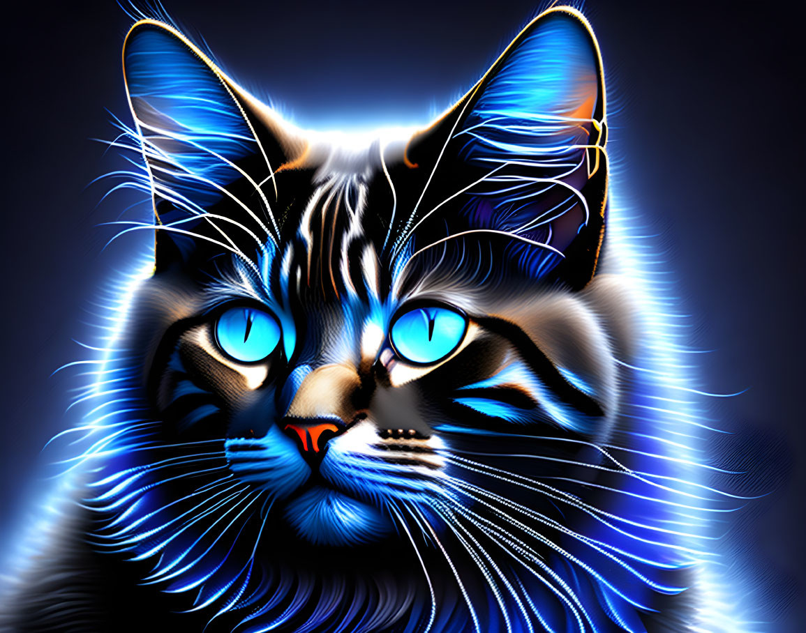 Digital Artwork: Cat with Luminous Blue Eyes & Neon Outlines