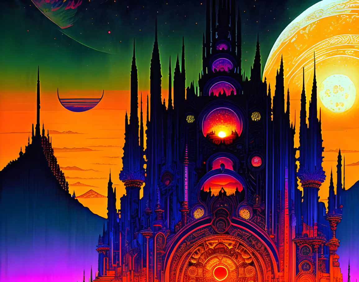 Surreal gothic cathedral in vibrant celestial landscape