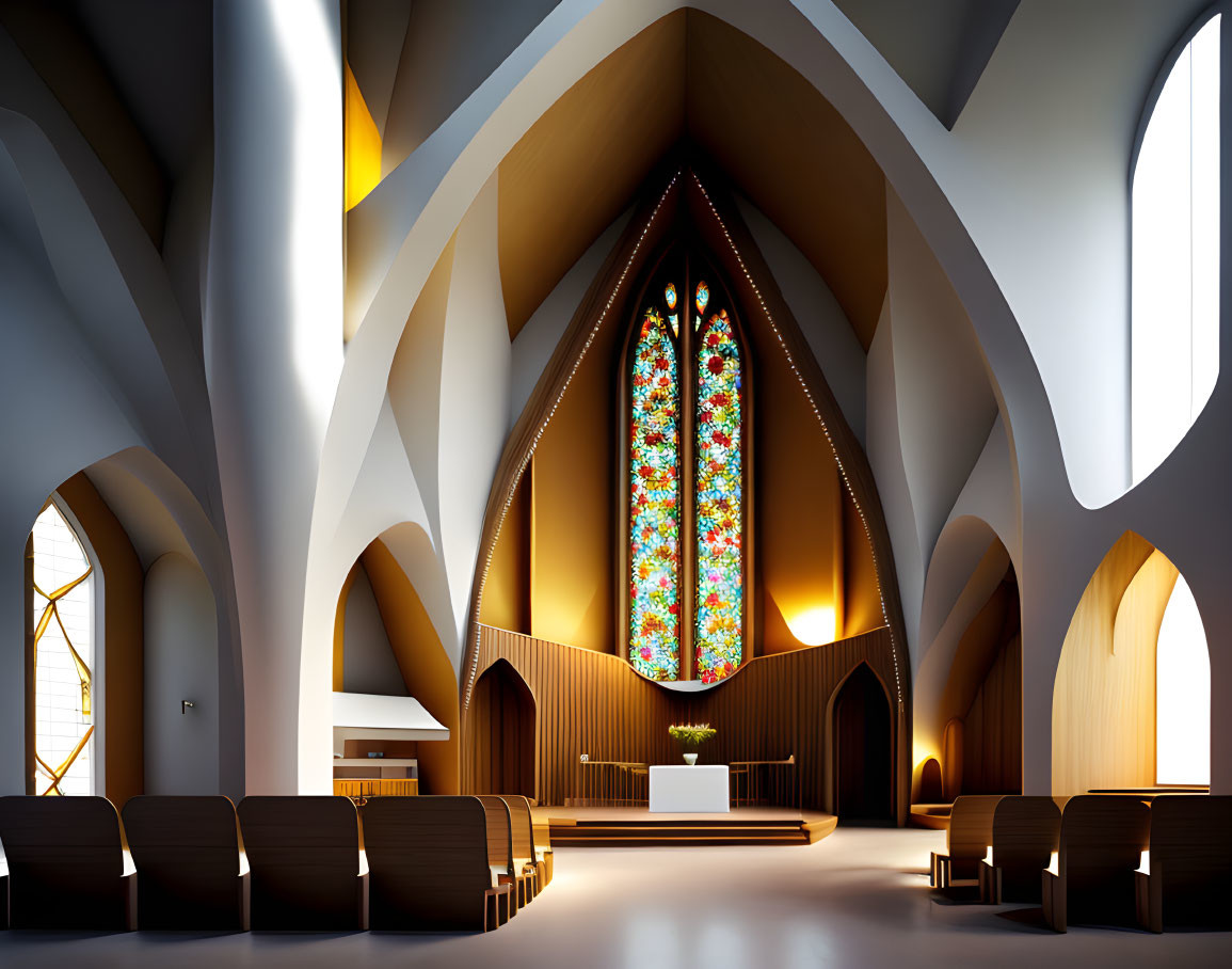 Vaulted white ceilings, colorful stained glass, wooden pews: Modern church interior details