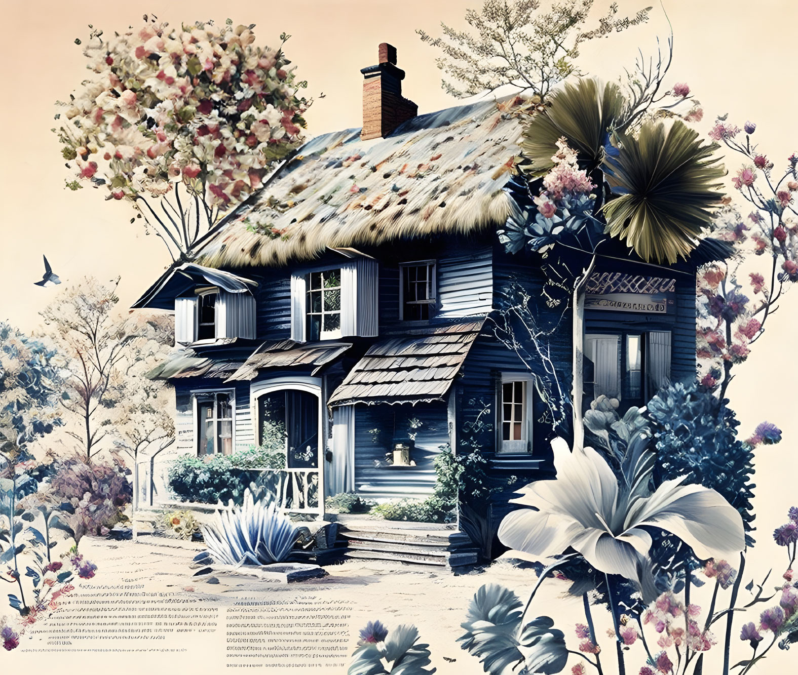 Idyllic two-story blue house with thatched roof among oversized flowers