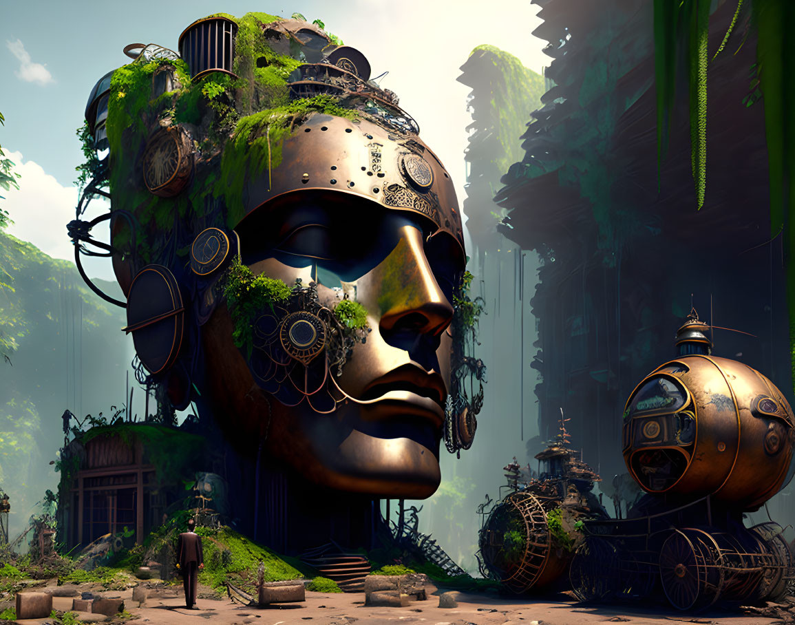 Giant abandoned robot head in jungle with futuristic structures