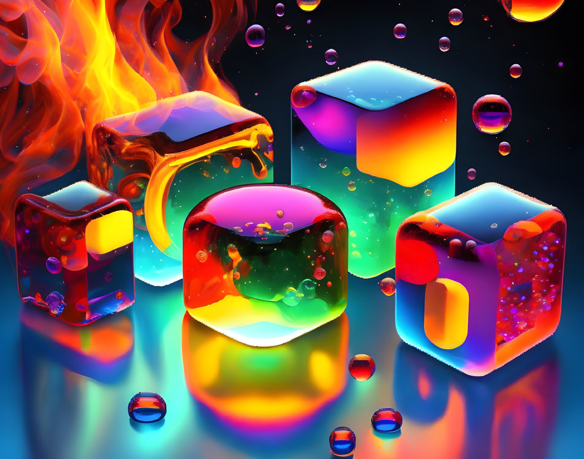 Colorful Glowing Ice Cubes with One Aflame on Reflective Surface