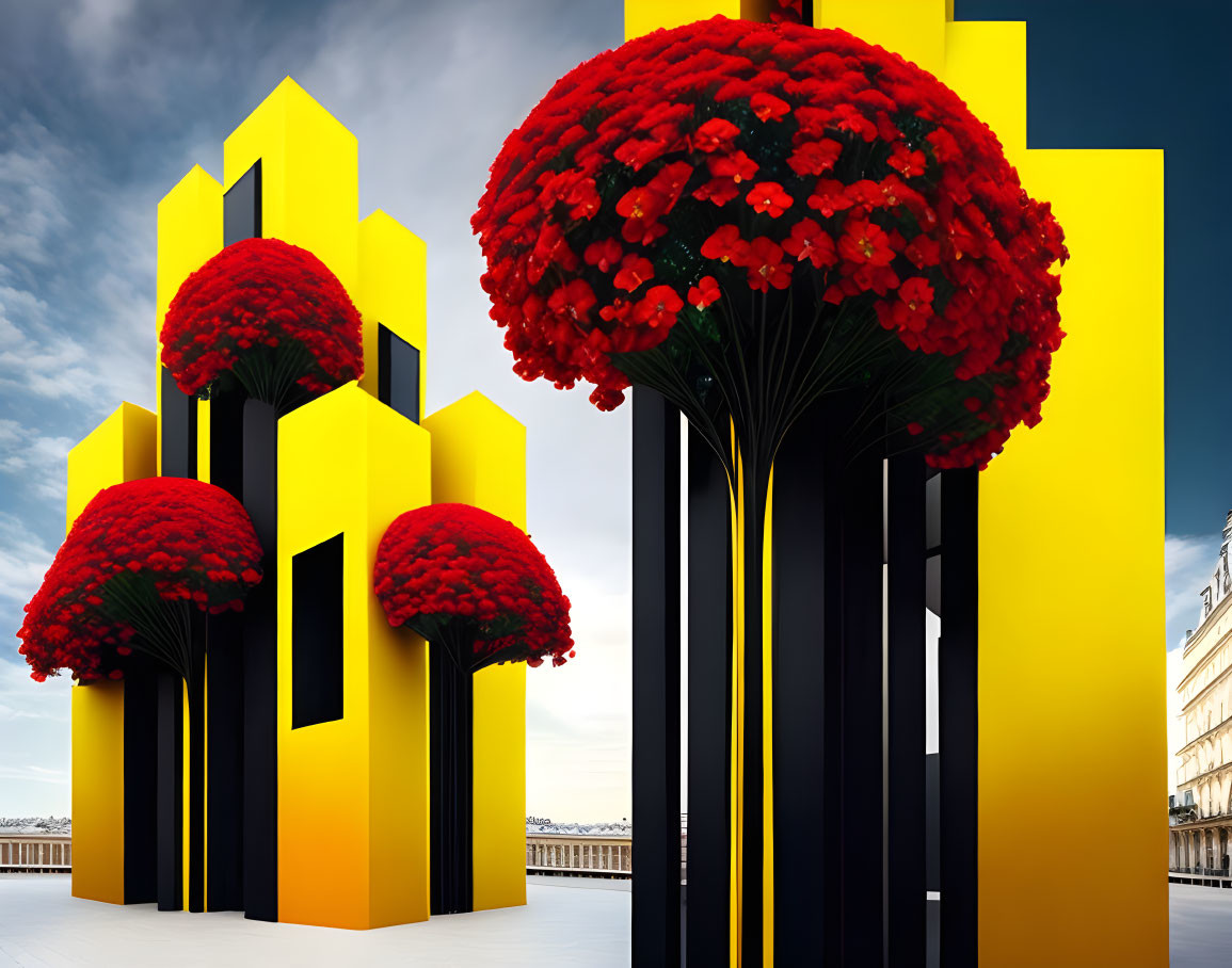 Vibrant red floral canopies on yellow and black geometric structures