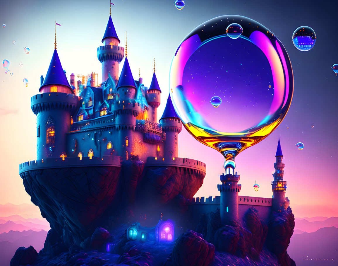 Majestic castle on rocky peak under twilight sky with cosmic orbs