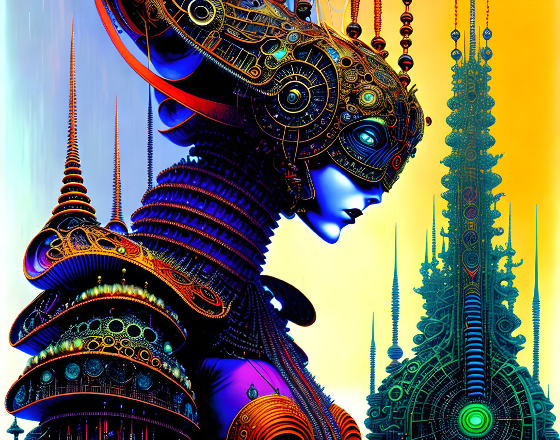 Futuristic digital art: mechanical woman & alien spires