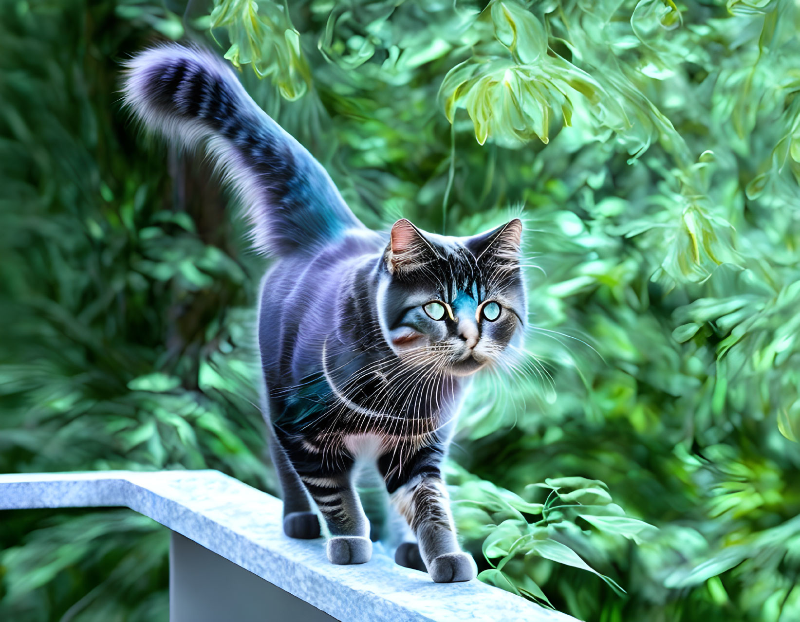 Blue-eyed striped cat walking on white ledge amidst lush green foliage