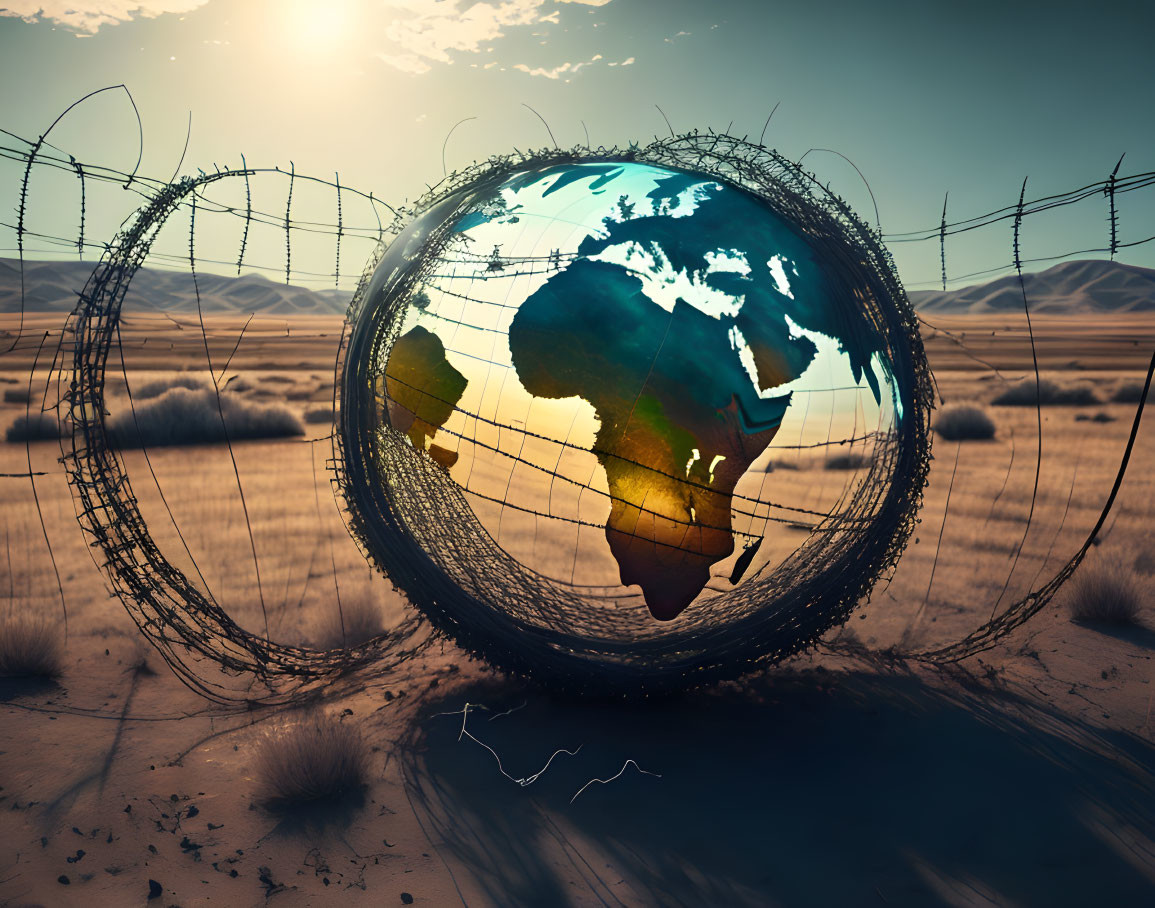 Surreal barbed wire sphere around glowing globe in desert landscape